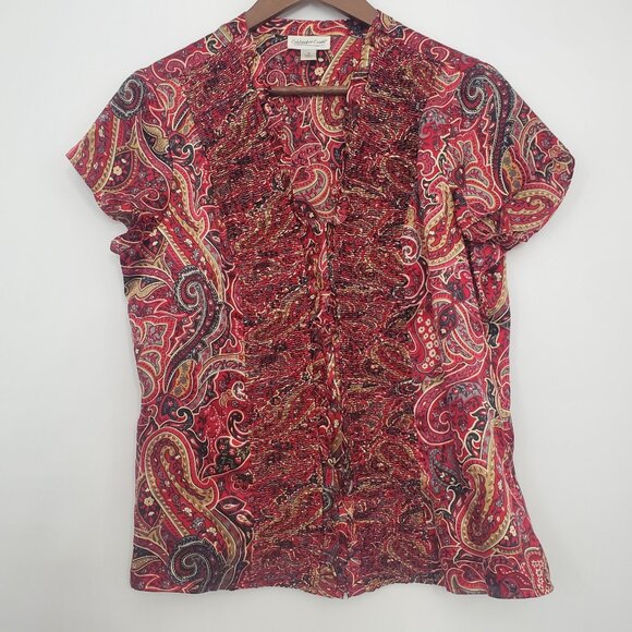 Coldwater Creek Womens 100% Silk Red Paisley Blouse Size M Smocked Old Money - Picture 1 of 8